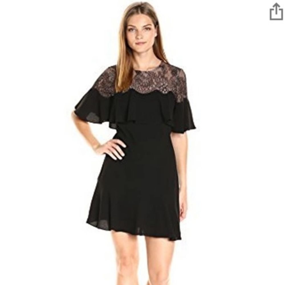 BCBGMAXAZRIA Rosy Black Lace Illusion Evening Dress Flutter Sleeve XS